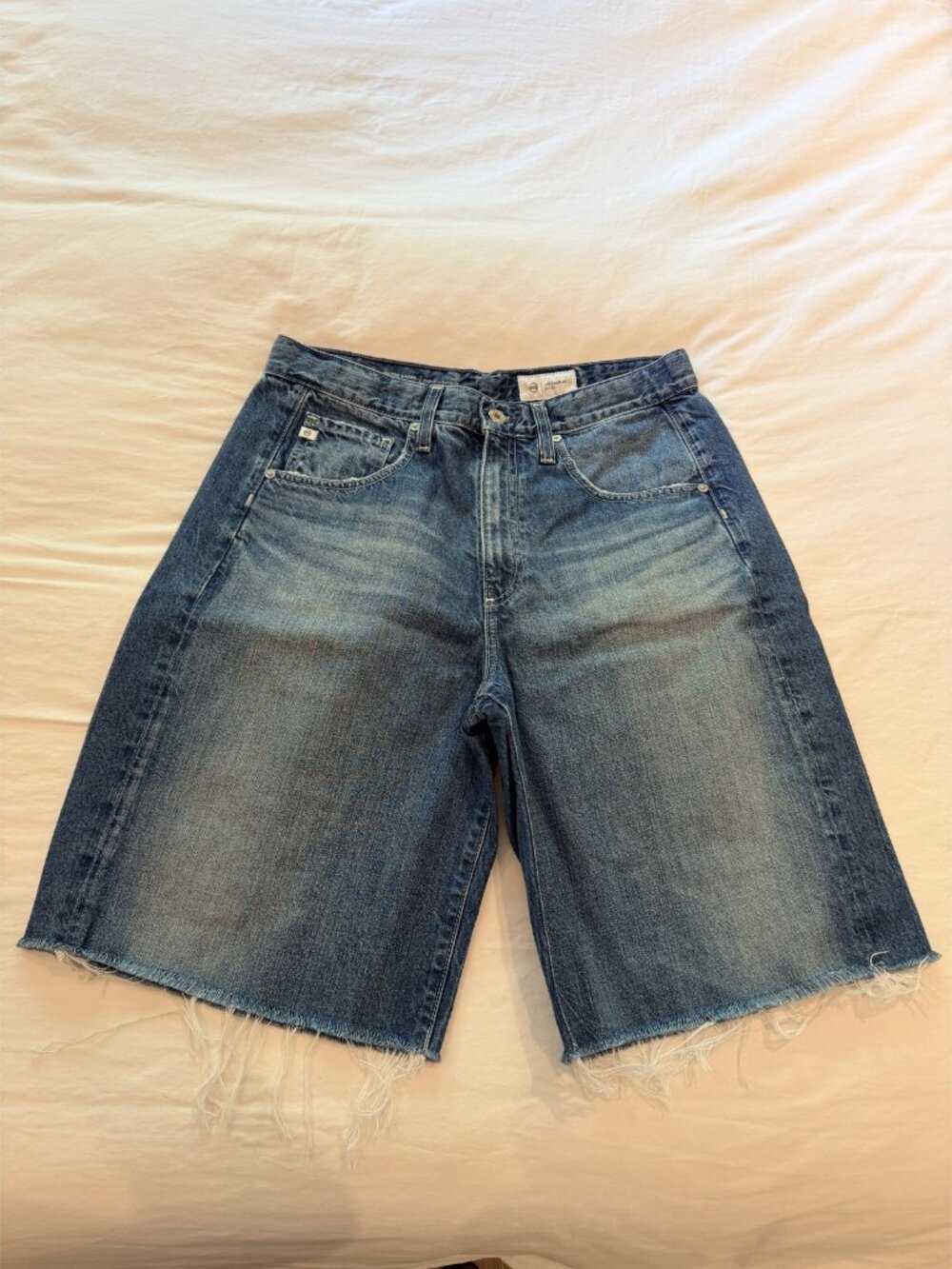 AG Hattie Short High-Rise Bermuda Jean Shorts Gemini Japanese Denim Raw Hem 29